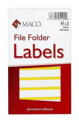 MACO Yellow File Folder Labels, 9/16 x 3-7/16 Inches, 248 Per Box FF-L3