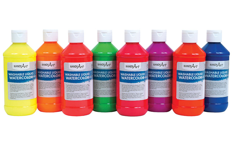 Handy Art FLUORESCENT Washable Liquid Watercolors, 8oz, 8-Color Kit, 882-278