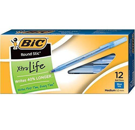 BIC Round Stic Xtra Life Ball Pens, Medium Point (1.0 mm), Blue, 12-Count