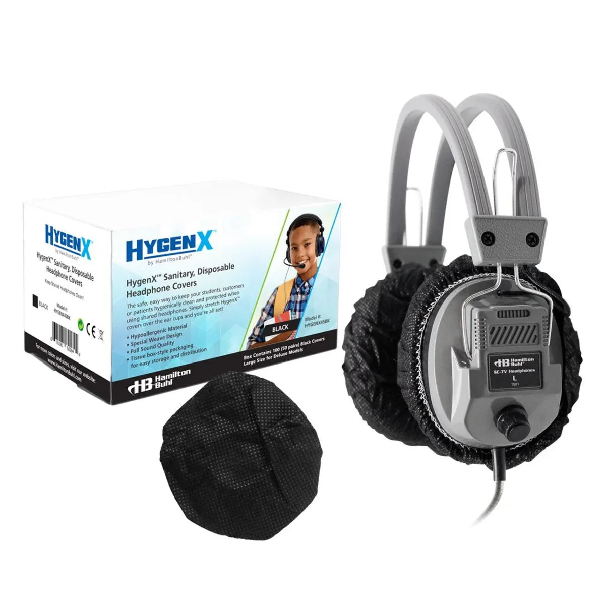 HamiltonBuhl® HygenX Sanitary, Disposable Ear Cushion Covers for 4.5" Deluxe-Sized Headphones and Headsets, 50 Pairs, BLACK