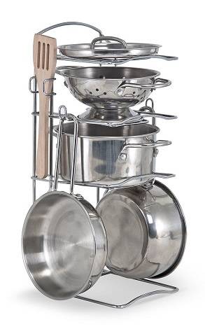 Melissa & Doug Stainless Steel Pots and Pans Pretend Play Kitchen Set for Kids (8 pcs)