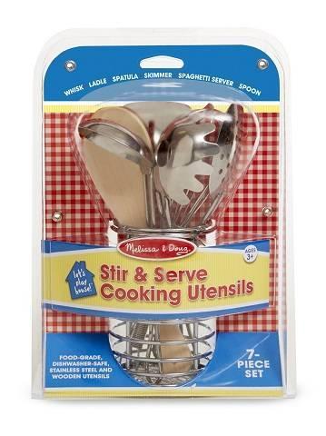 Melissa & Doug Stir and Serve Cooking Utensils (7 pcs) - Stainless Steel and Wood 9351