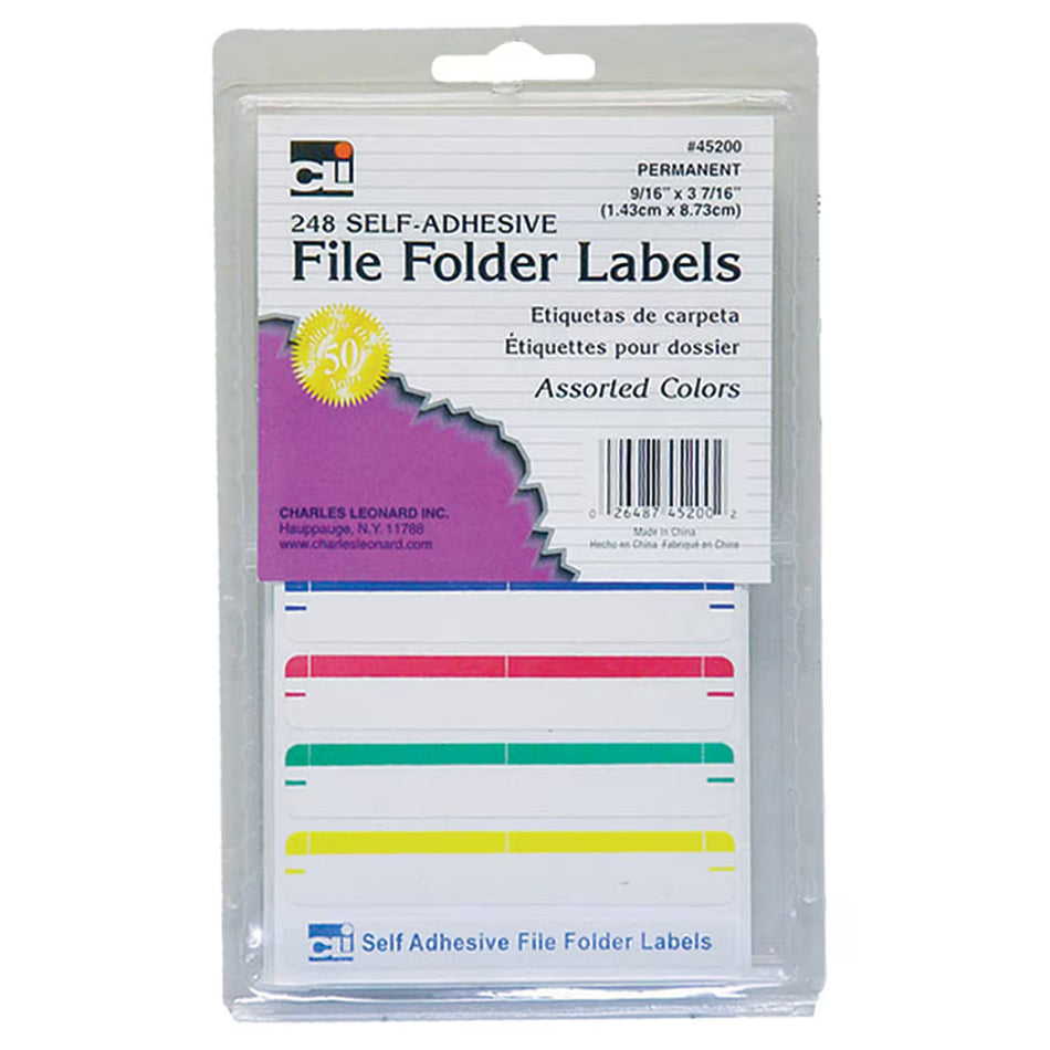 Primary Assorted File Folder Labels, 9/16 x 3-7/16 Inches, 248 Per Box