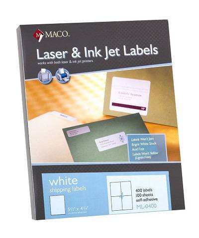 MACO Laser/Ink Jet White Shipping Labels, 5-1/2 x 4 1/4 Inches, 4 Per Sheet, 400 Per Box (ML-0400)