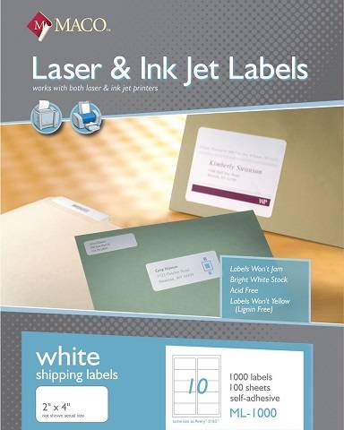 MACO Laser/Ink Jet White Shipping Labels, 2 x 4 Inches, 10 Per Sheet, 1000 Per Box , ML-1000