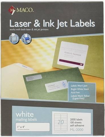MACO Laser/Ink Jet White Address Labels, 1 x 4 Inches, 20 Per Sheet, 2000 Per Box , ML-2000