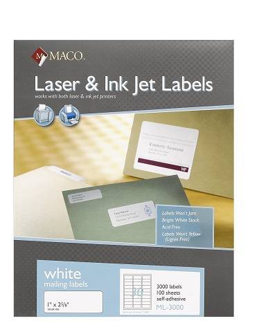 MACO Laser/Ink Jet White Address Labels, 1 x 2-5/8 Inches, 30 Per Sheet, 3000 Per Box ,ML-3000