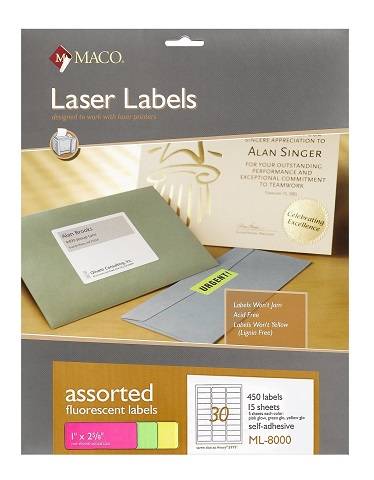 MACO Laser Assorted Fluorescent Labels, 1 x 2-5/8 Inches, 30 Per Sheet, 450 Per Pack (ML-8000)