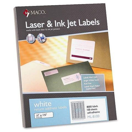 MACO Laser/Ink Jet 1/2" x 1 3/4" - 80 Labels/ Sheet - 8,000 Labels/ Box - White, ML-8100