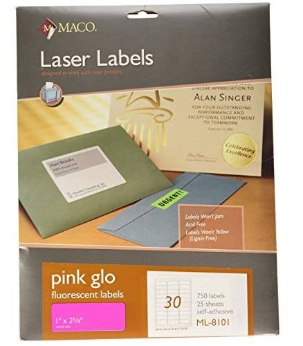 MACO LASER PINK FLUORESCENT LABELS, 1 X 2-5/8 INCHES, 30 PER SHEET, 750 PER PACK (ML-8101)