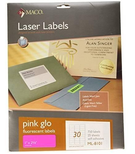 MACO LASER PINK FLUORESCENT LABELS, 1 X 2-5/8 INCHES, 30 PER SHEET, 750 PER PACK (ML-8101)