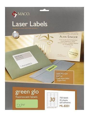 MACO Laser Green Fluorescent Labels, 1 x 2-5/8 Inches, 30 Per Sheet, 750 Per Pack ,ML-8201