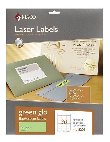 MACO Laser Green Fluorescent Labels, 1 x 2-5/8 Inches, 30 Per Sheet, 750 Per Pack ,ML-8201