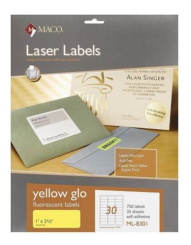MACO Laser Yellow Fluorescent Labels, 1 x 2-5/8 Inches, 30 Per Sheet, 750 Per Pack ML-8301