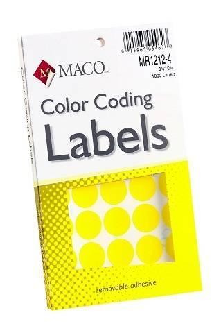 MACO Yellow Round Color Coding Labels, 3/4 Inches in Diameter, 1000 Per Box ,MR1212-4