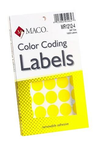 MACO Yellow Round Color Coding Labels, 3/4 Inches in Diameter, 1000 Per Box ,MR1212-4