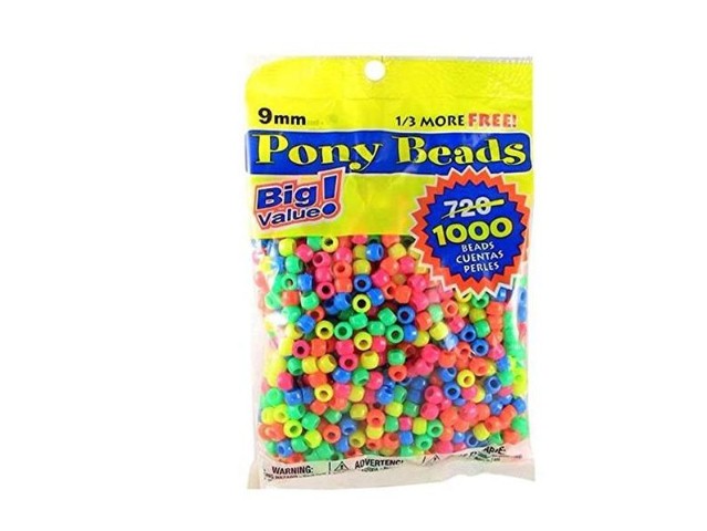 Pony Beads - Plastic - Neon Opaque Multi Colors - 900/pkg. 6 x 9mm, (21298)