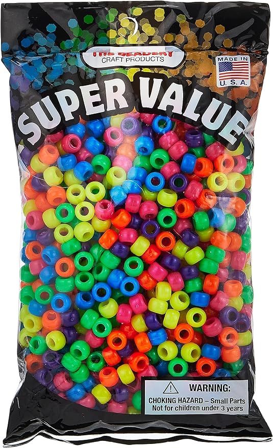 1 lb Big Value Pony Beads Acrylic Neon Colors, 6 x 9mm, (21216)