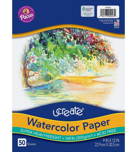 Watercolor Paper, Bulk, 140 Lb., White, 9" x 12", 50 Sheets (P4943)