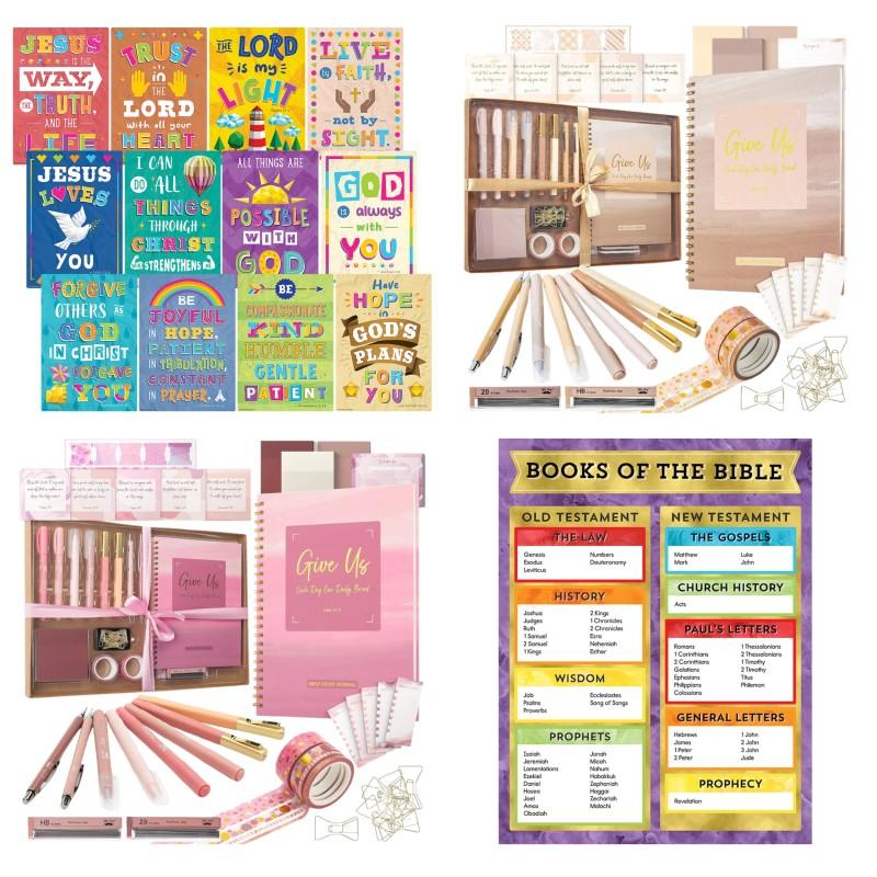 Bible Study & Journaling Kit, Christian Learning Supplies with Scripture Posters, Chart, Pens & Highlighters