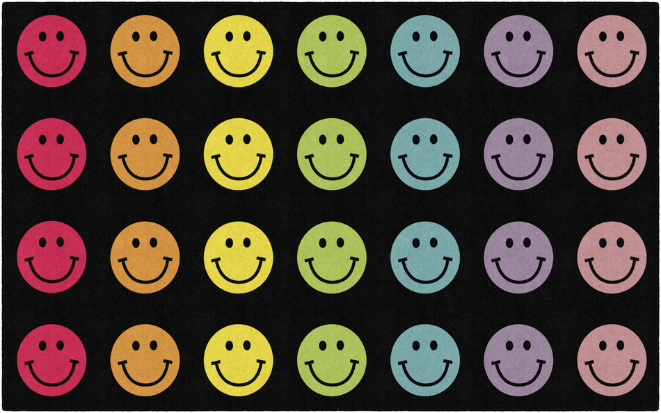 RAINBOW SMILEYS IN BLACK CRISS-CROSS APPLESAUCE RECTANGLE CARPETS 7'6" X 12'