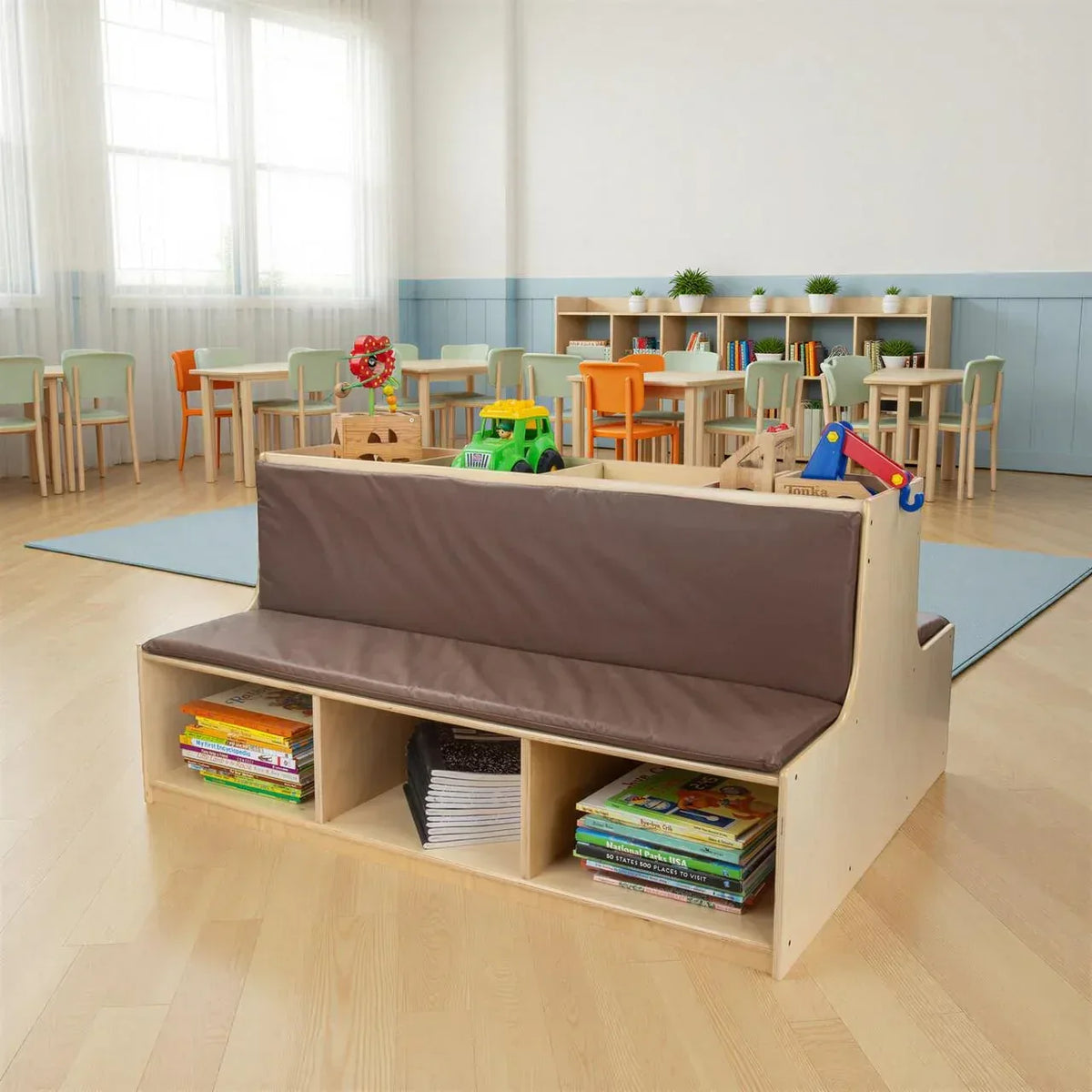 Read-A-Round Double-Sided Bench with Brown Cushions and Trays