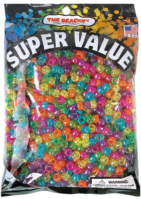 1 lb Big Value Pony Beads Acrylic Assorted Glitter Colors, 6 x 9mm, (21217)