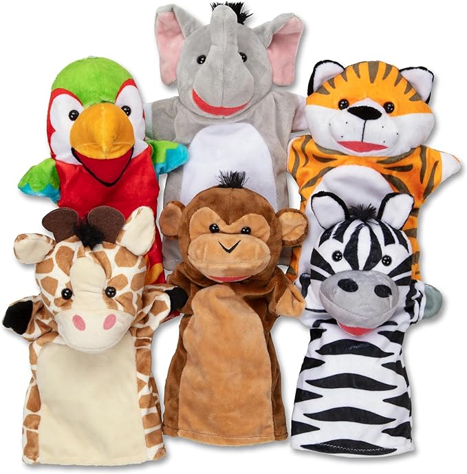 Melissa & Doug Safari Buddies Hand Puppets, Set of 6 (Elephant, Tiger, Parrot, Giraffe, Monkey, Zebra) - Soft, Plush Animal Hand Puppets For Toddlers And Kids Ages 2+