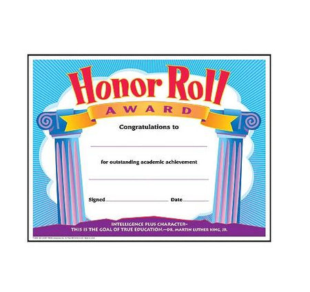 Honor Roll Award Colorful Classics Certificates 30 per pack, 8 ½" x 11"