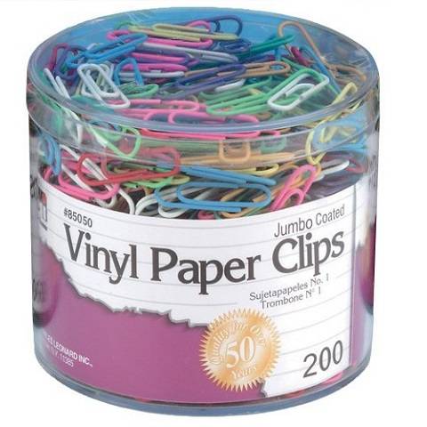 Vinyl Paper Clips, Jumbo, Assorted Colors , Tub of 200