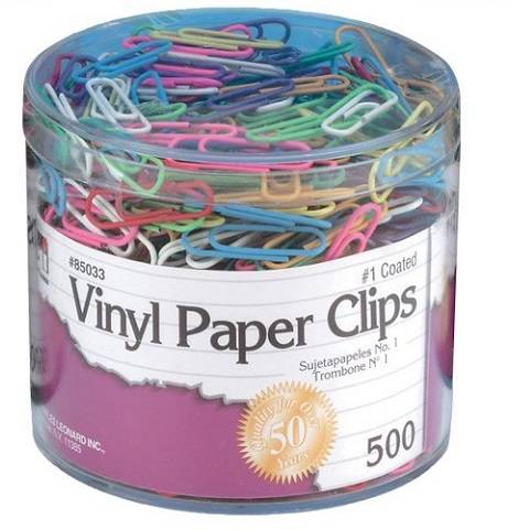Vinyl Paper Clips, Size #1, Assorted Colors, Tub of 500