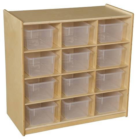 Wood Designs Children 12 Cubby Storage with Translucent Trays, Natural Color, 30"H x 30"W x 15"D WD-16121
