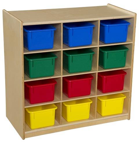 WoodDesigns, Children 12 Cubby Storage with Assorted Trays, Natural wood Color, 30"H x 30"W x 15"D WD-16123