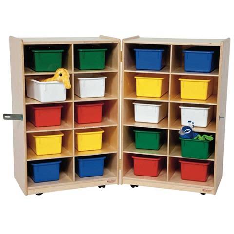 Wood Designs Children Folding Vertical Storage with (20) Assorted Trays, Natural wood , 38"H x 48"W x 15"D WD-16203