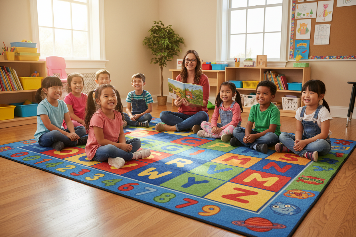 Children sitting on a colorful alphabet rug with a teacher in a classroom setting.